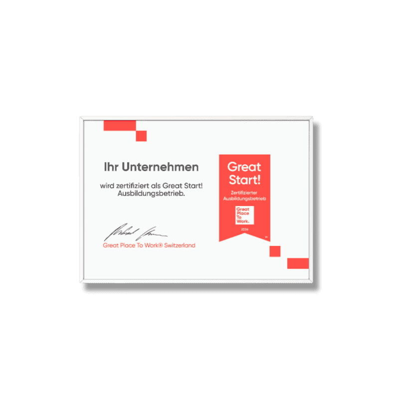 Der Zertifizierungsrahmen für Unternehmen als Great Place to Work® in der Schweiz, mit Logo und Unterschrift, fördert eine positive Arbeitskultur und Mitarbeiterzufriedenheit.